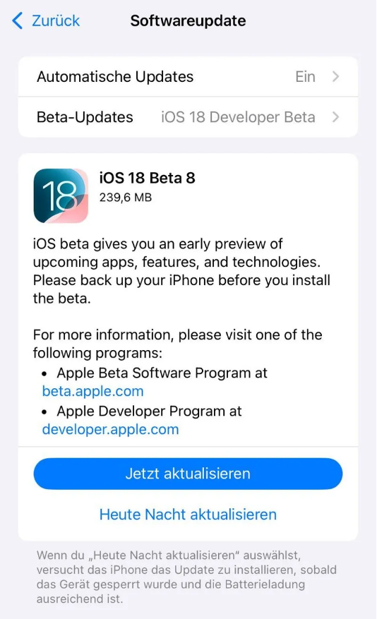 新城苹果手机维修分享苹果 iOS / iPadOS 18 开发者预览版 Beta 8 发布 